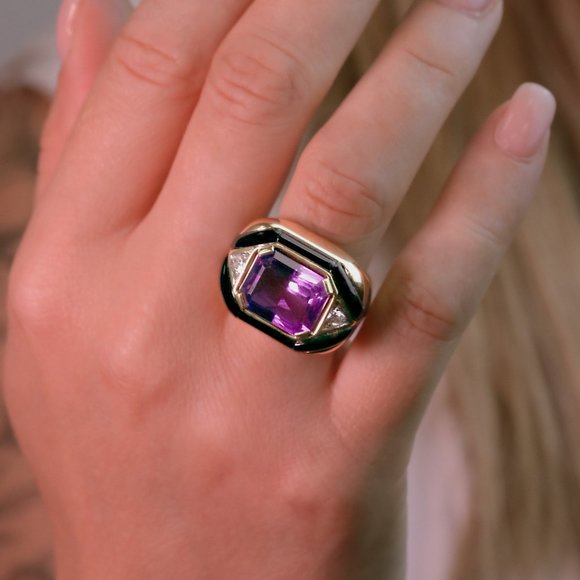 18ky Amethyst, Diamond and Black Onyx Ring - Picture 2 of 4